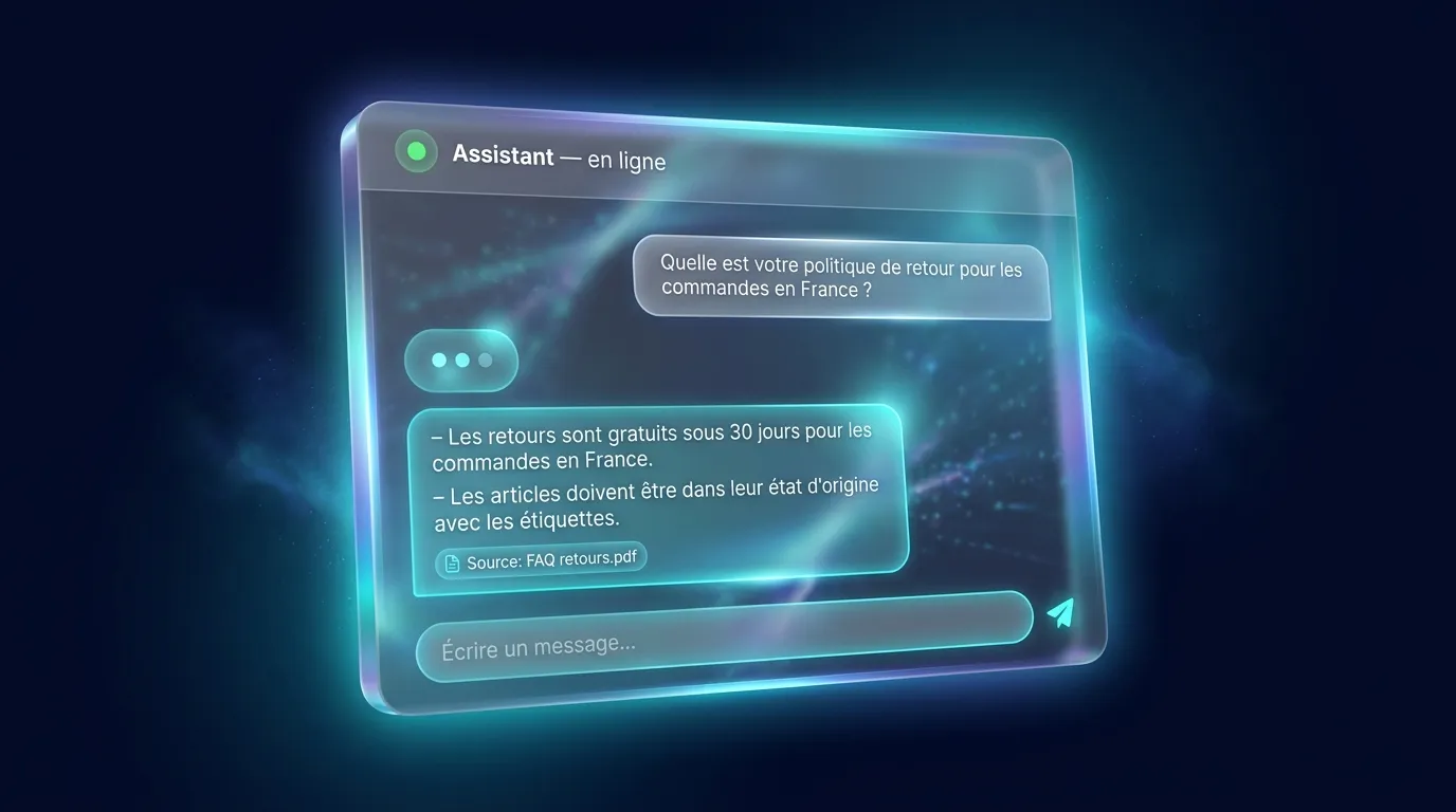 Widget de chat IA glassmorphism avec citation de source FAQ retours