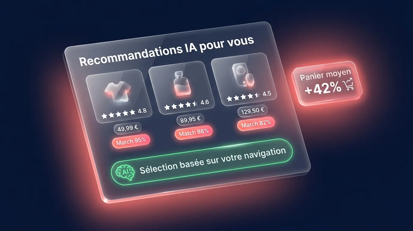 Tableau de bord recommandations IA e-commerce avec scoring match et augmentation du panier moyen